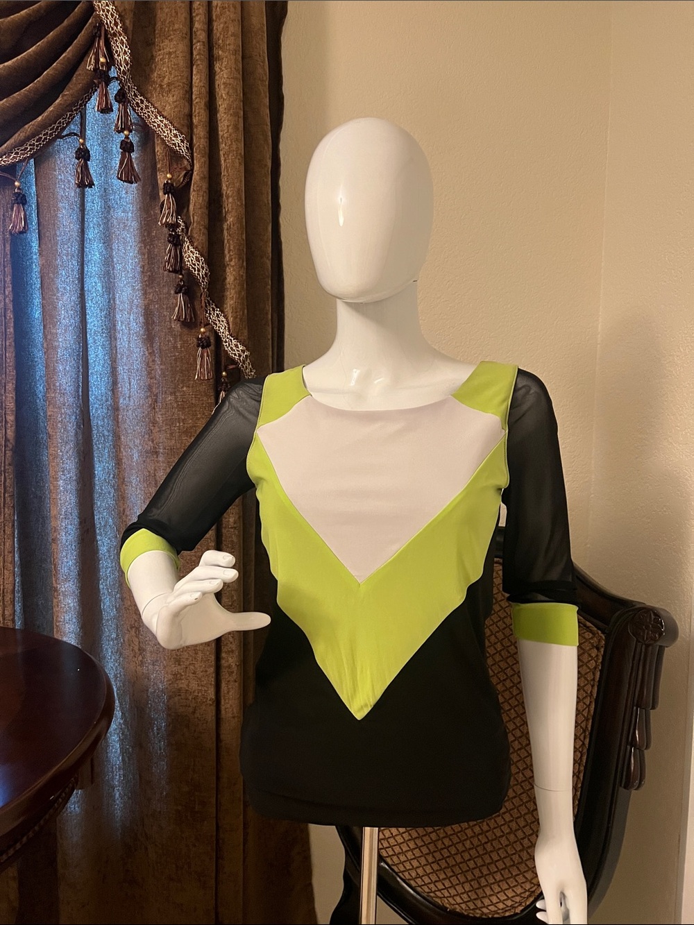 bebe Black, Lime Green and White Colorblock Long Sleeve Top